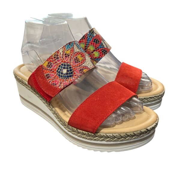 Spring Step Laveta Platform Wedge Sandal Italy Leather Red Floral EU 38 US 7.5-8 - Picture 2 of 9